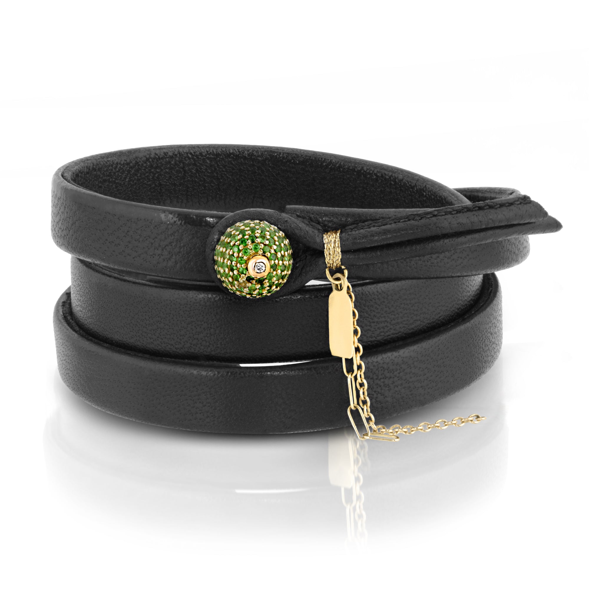 ARCHIVE _ 14K GOLD TSAVORITE + DIAMOND TRIPLE WRAP LEATHER BRACELET