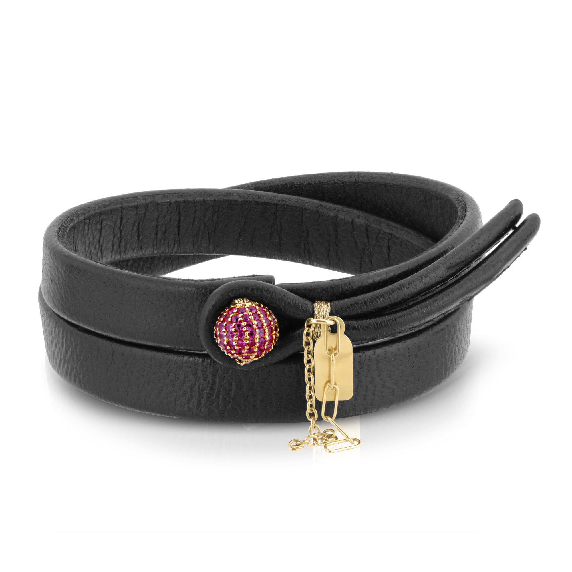 14K GOLD RUBIS DOUBLE WRAP LEATHER BRACELET