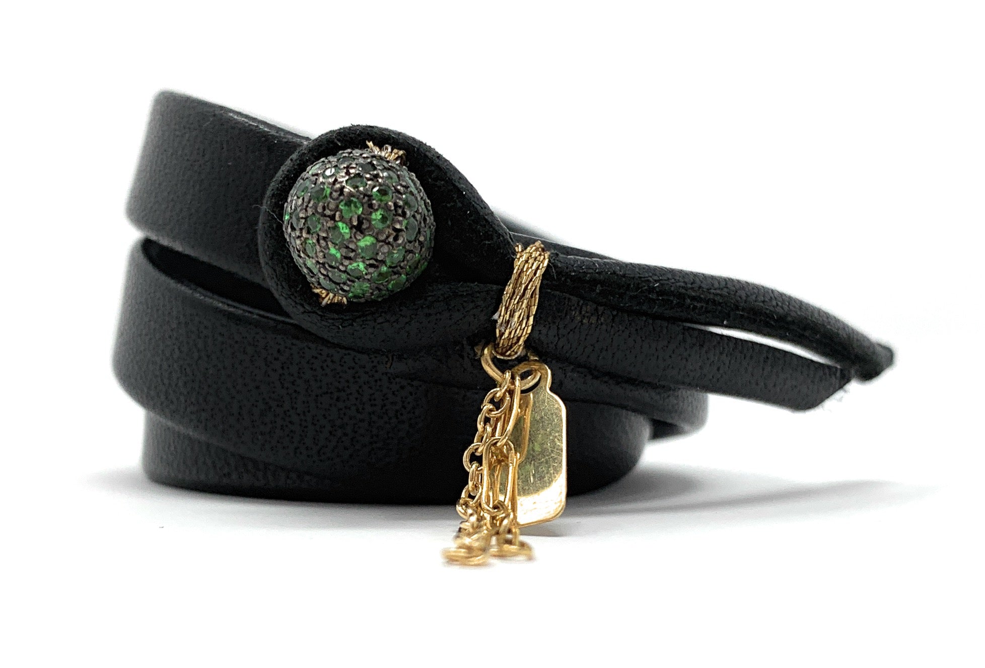 14K GOLD TSAVORITE DOUBLE WRAP LEATHER BRACELET