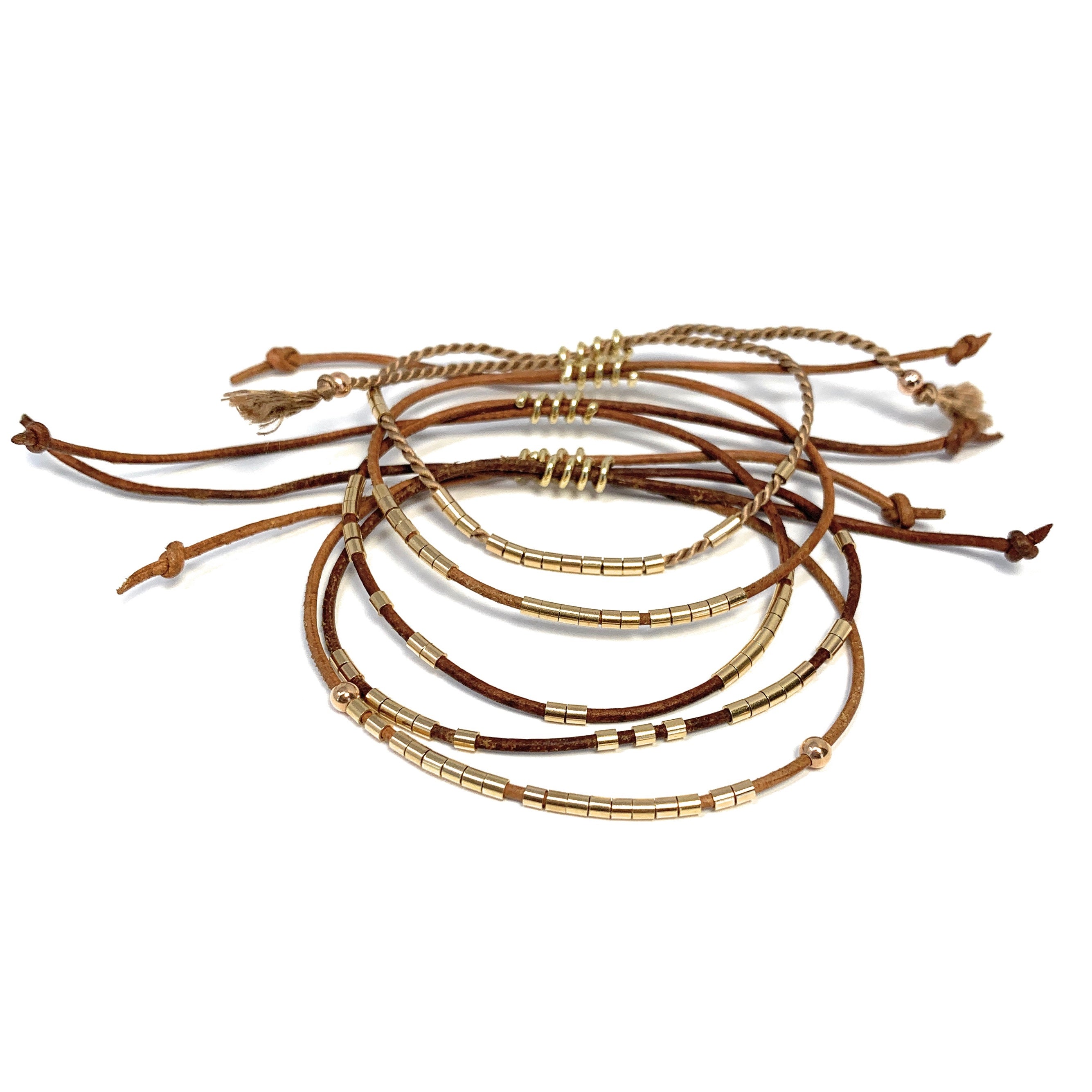 14K GOLD TWIST LEATHER CORD BRACELET