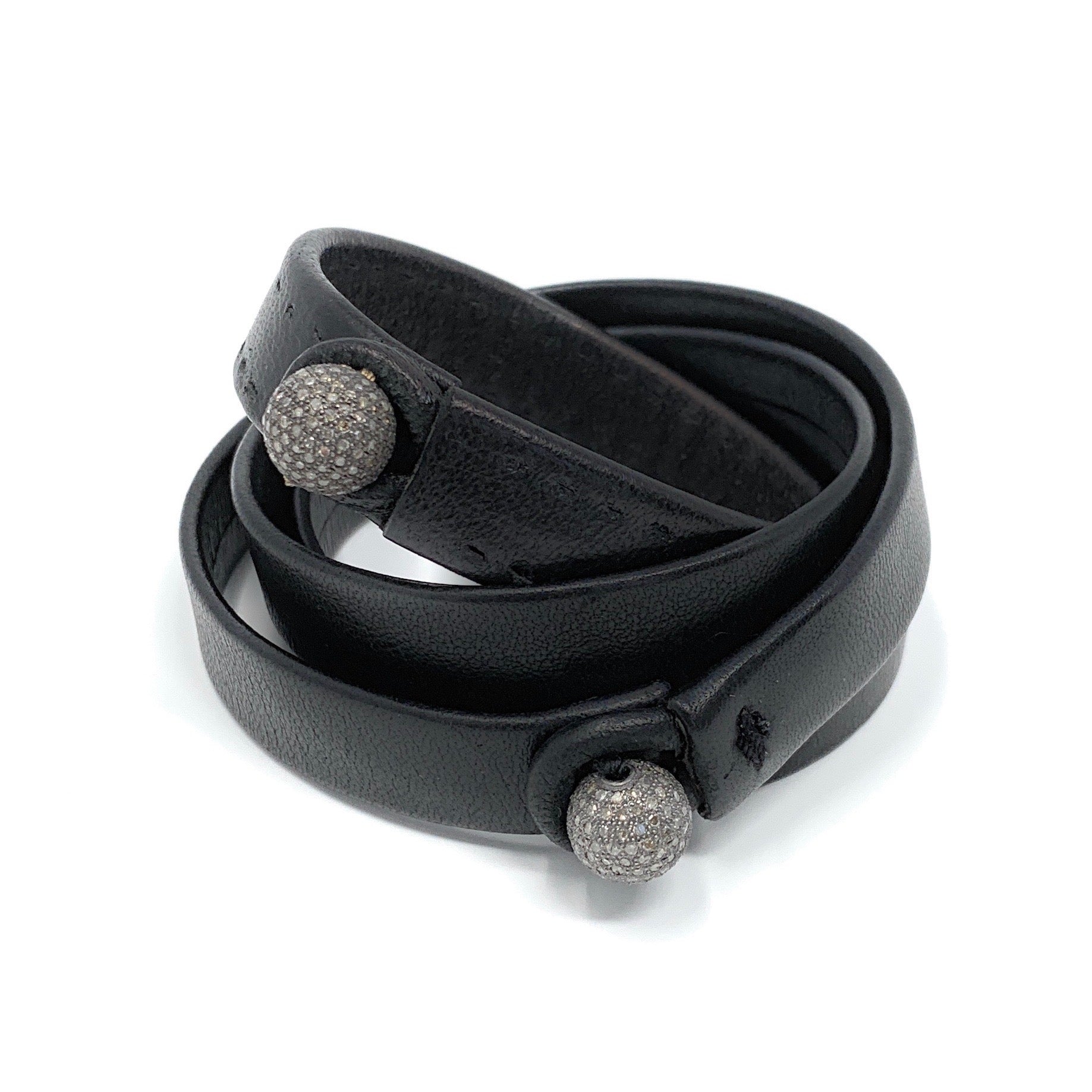 Diamond bead single wrap leather bracelet - Boussidan Joaillerie