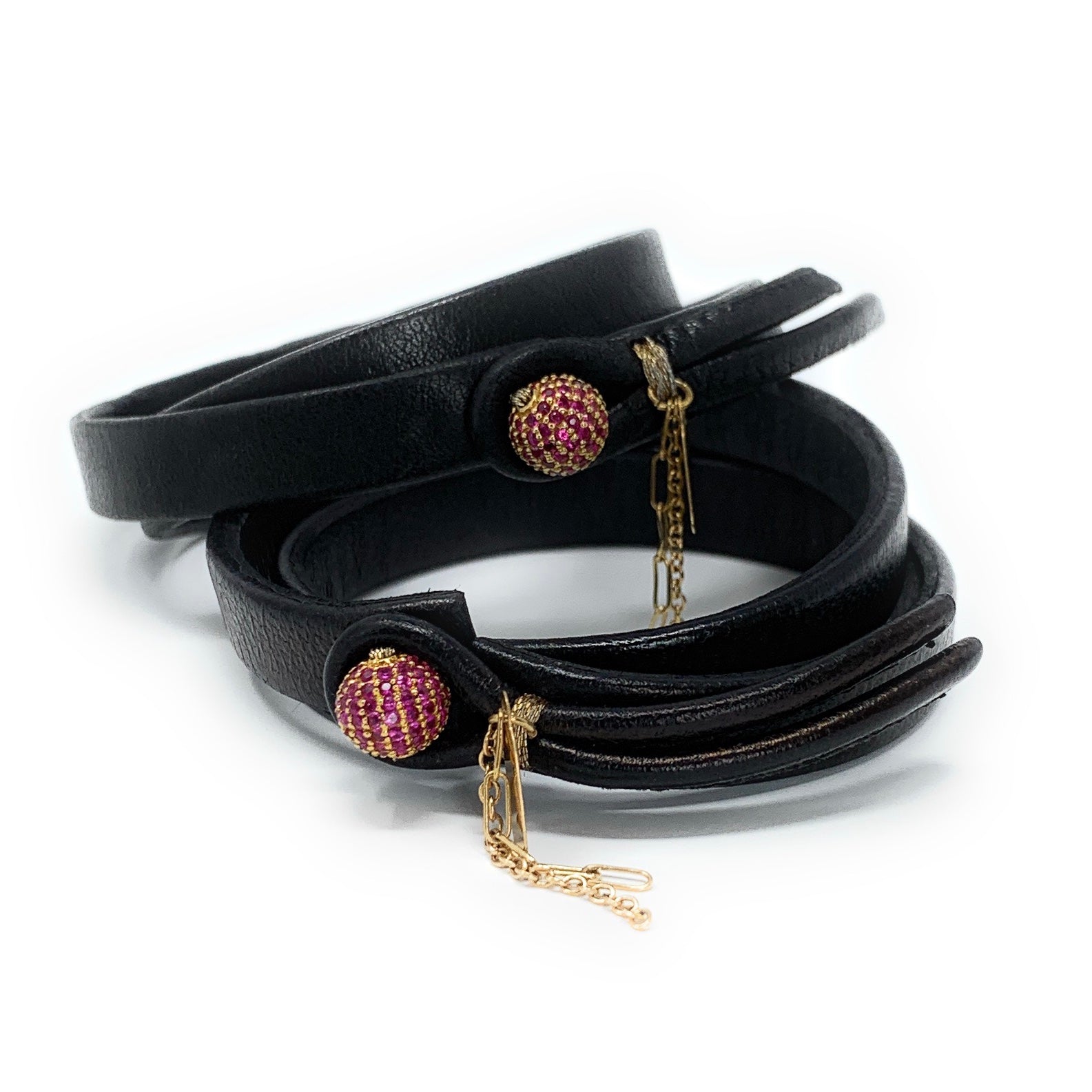 Ruby bead set in gold atop beautiful leather creating an amazing leather bracelet