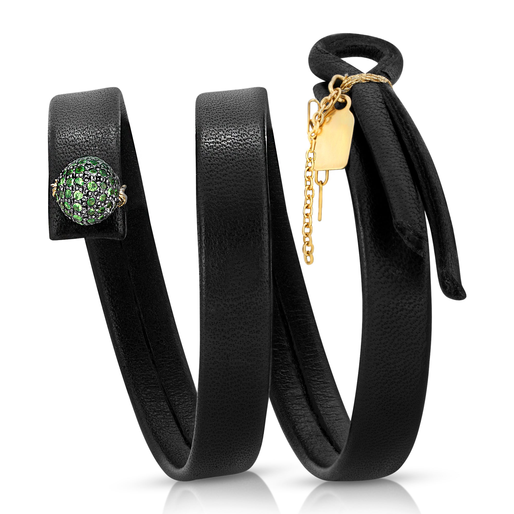 14K GOLD TSAVORITE DOUBLE WRAP LEATHER BRACELET